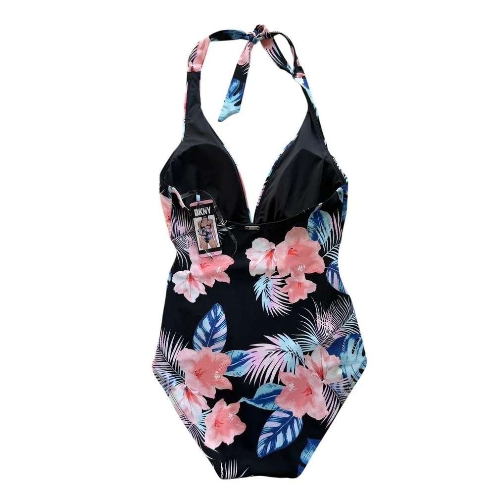DKNY Women S Black Pink Blue Tropical Floral Halter One Piece Swimsuit Beach NWT - Picture 2 of 13